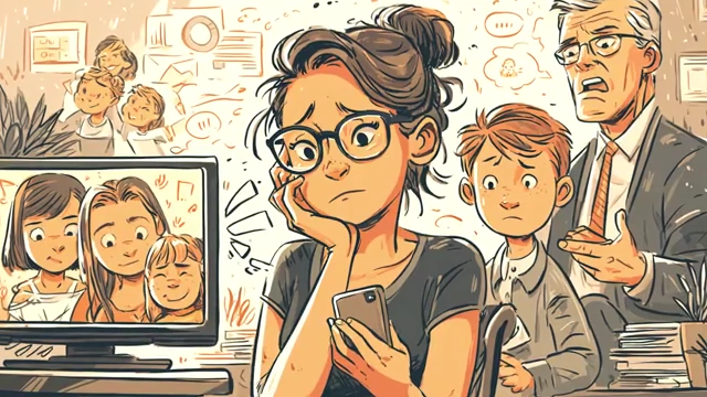 Stressed woman working at a computer with children and an elderly man in the background