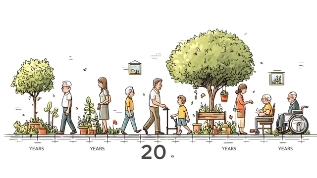 Timeline showing human lifespan with varying ages, illustrating extended dependency