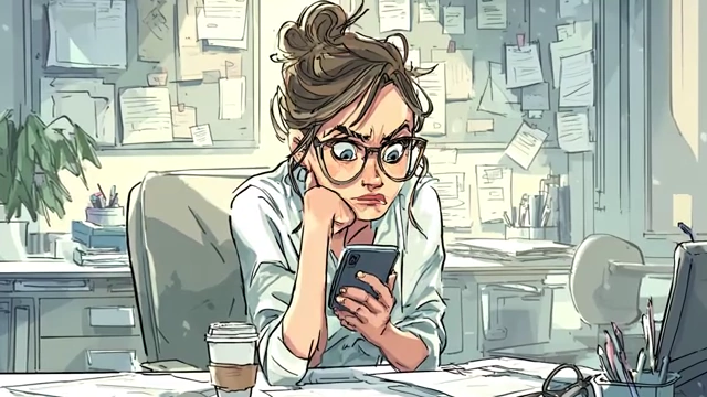 Stressed woman looking at her phone, surrounded by various tasks and responsibilities