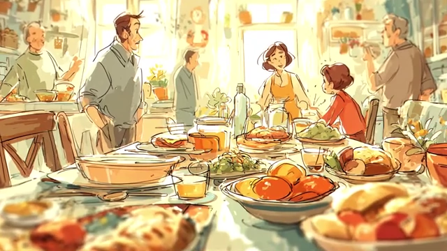 Woman serving food at a family gathering, illustrating traditional gender roles