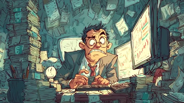 Man focused on work at a desk with piles of money, representing financial support