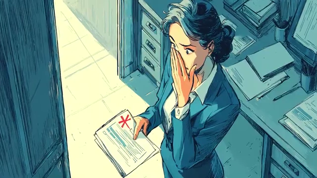 Woman looking distressed while holding a document with a red asterisk, indicating career setbacks