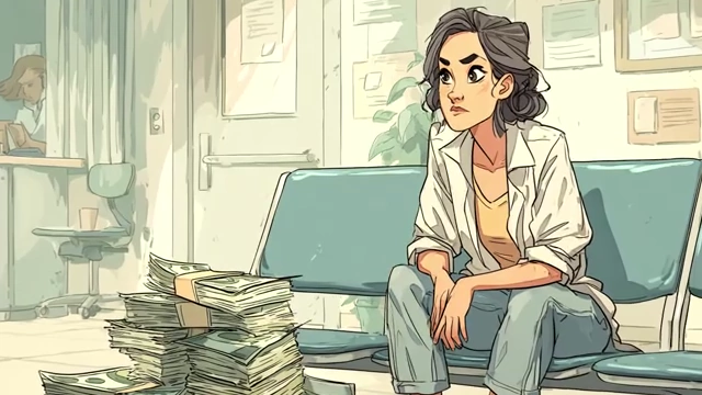 Woman sitting alone surrounded by cash, looking worried about financial insecurity