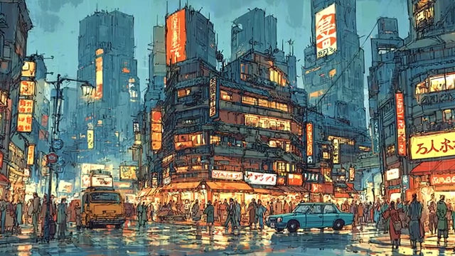Busy East Asian city street scene
