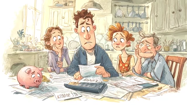 Family looking stressed at a table with bills and a piggy bank, representing being financially trapped