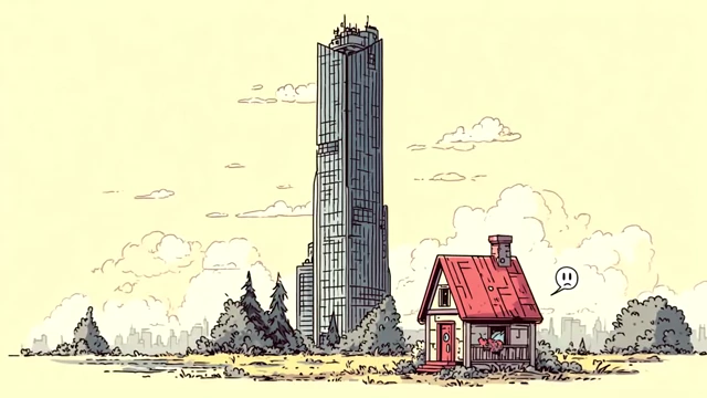 A small house dwarfed by a towering skyscraper, symbolizing stratospheric real estate costs