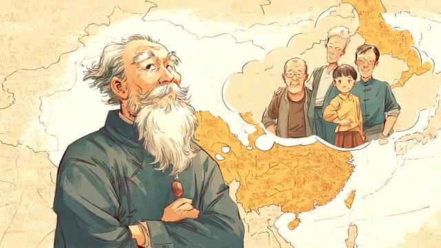 Elderly man contemplating a family over a map of China, representing familialism