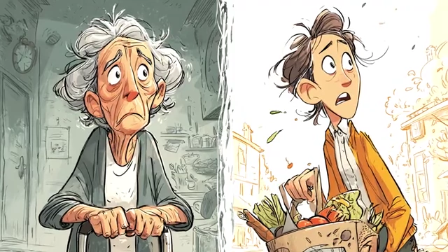 Split image of an elderly woman struggling versus a young man with groceries, symbolizing the family as the primary welfare provider