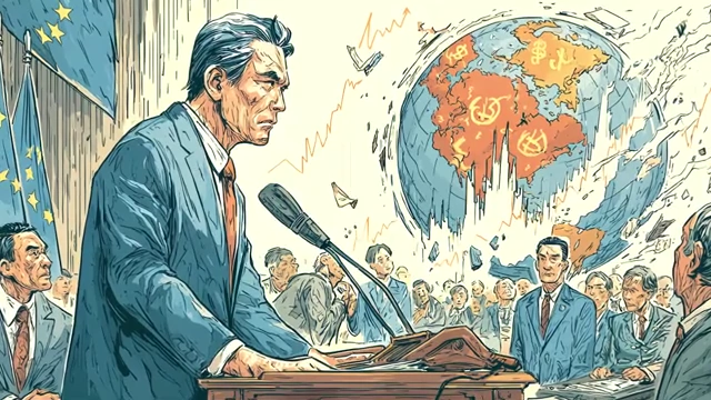 Man speaking in front of a global map with economic graphs, advocating for social policy reforms