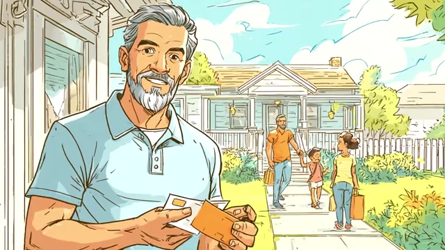 Man and woman with child entering a home, while an elderly man checks mail, symbolizing state support for traditional family roles