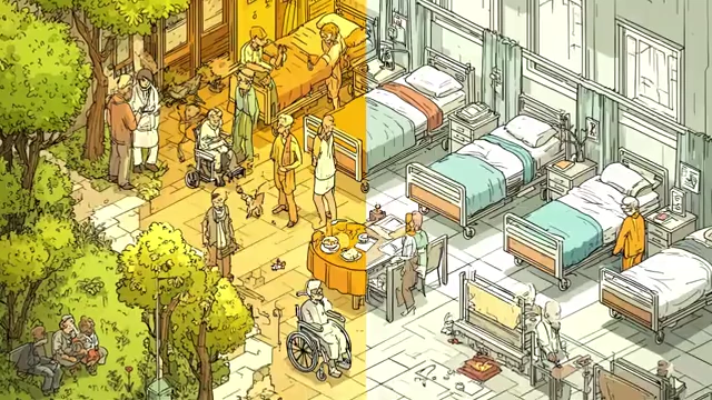 Split image comparing a bustling outdoor community care setting with a sterile institutional hospital ward