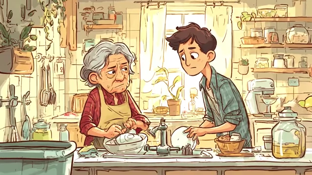 Elderly woman and young man washing dishes together