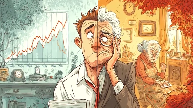 Split image of a stressed man with economic charts vs. an old woman, representing Japan's aging and economic challenges