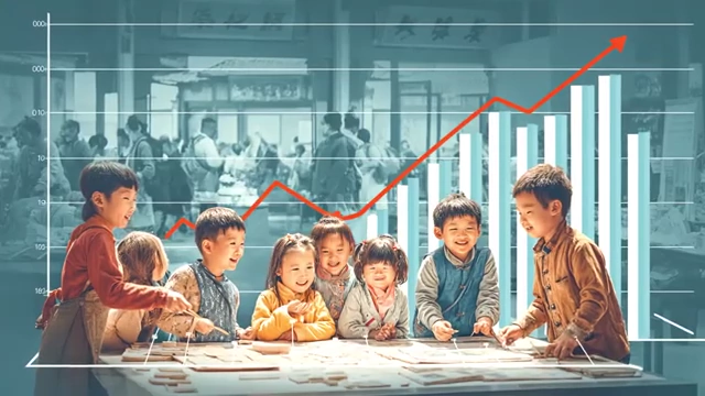Children in a classroom setting with an upward trend graph, symbolizing increased childcare services