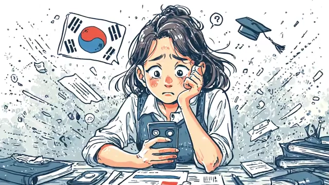 Stressed woman with a Korean flag, university cap, and scattered papers, symbolizing the cultural paradox