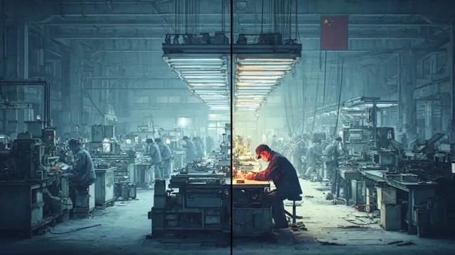 Split image of factory workers and a traditional Chinese family dinner, showing family as welfare institution