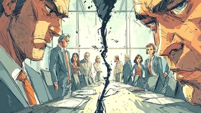 Group of people divided by a large crack in a table