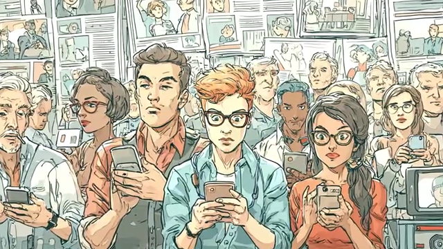Crowd of people staring at phones, with news feeds in the background, symbolizing social fragmentation