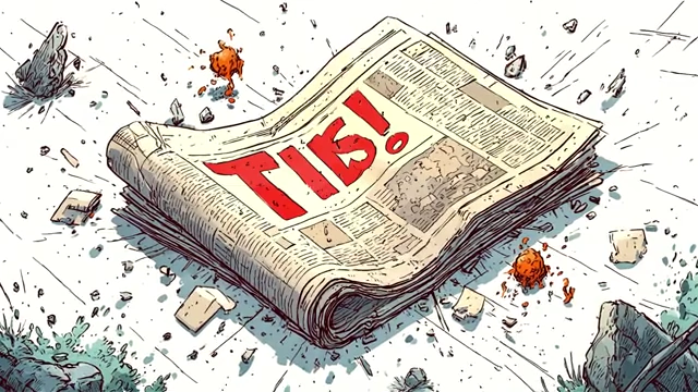 Newspaper with "TIPS!" on a pile of rubble