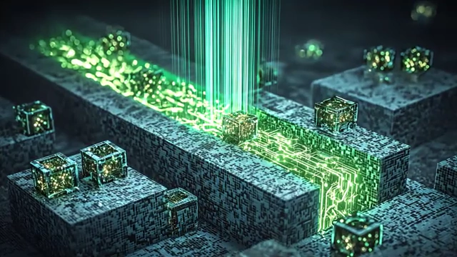 Technological infrastructure with a green beam flowing through interconnected cubes, representing a machinery of stability