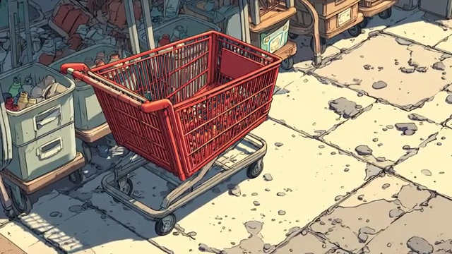 Empty shopping cart in a desolate urban setting, symbolizing societal crisis