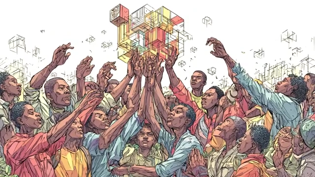 Group of diverse people reaching up for a glowing, multi-colored cube, symbolizing collective effort and survival
