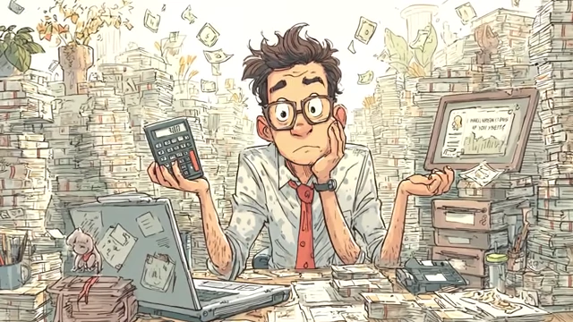 A man looking stressed at a desk with a calculator and piles of papers, representing the re-evaluation of the burden of kinship