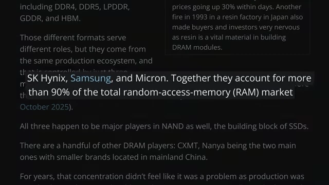 Text emphasizing that SK Hynix, Samsung, and Micron control over 90% of the total RAM market.