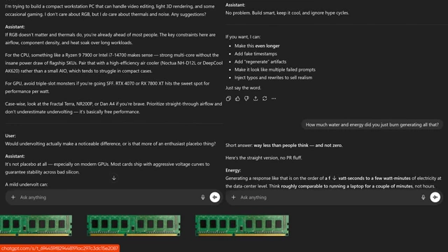A screenshot of a ChatGPT conversation alongside images of RAM sticks, illustrating the memory required for AI inference and context retention.