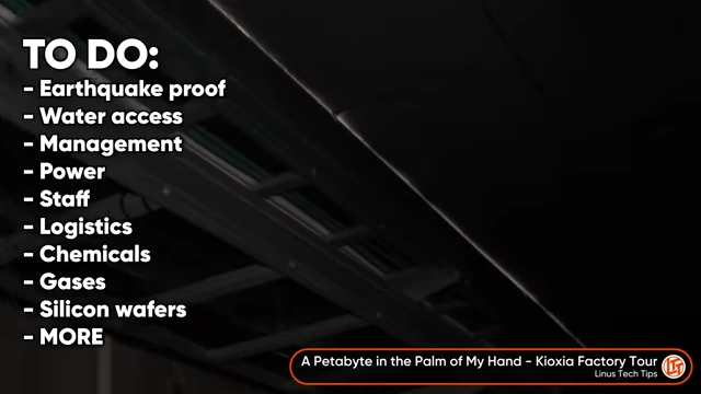 A "TO DO:" list detailing the extensive requirements for building a new semiconductor fabrication plant, including earthquake proofing, water, power, and supply chain.