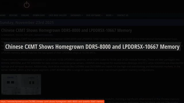 News headline announcing Chinese CXMT's development of homegrown DDR5-8000 and LPDDR5X-10667 memory.