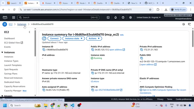 AWS EC2 instance summary showing a running instance.