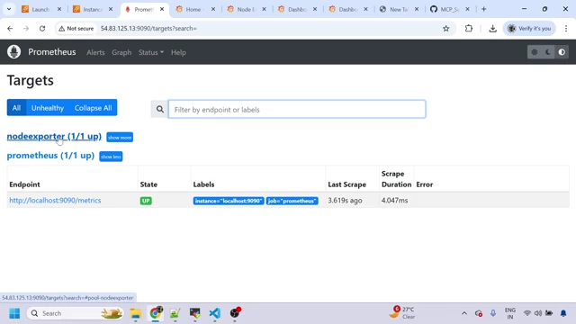 Prometheus targets page showing node exporter and Prometheus endpoints.