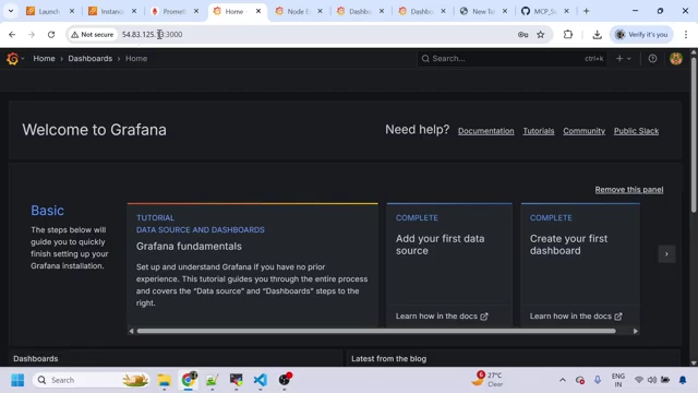 Grafana welcome screen with basic setup steps.
