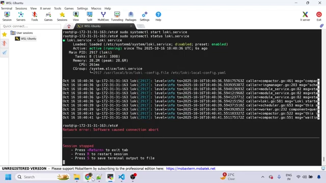 Loki service status on EC2 instance.