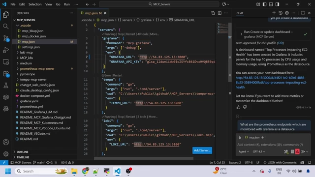 Grafana MCP server configuration in `mcp.json` with URL and API key.
