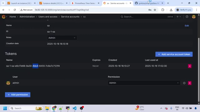Grafana Service Accounts page with an existing service account token.