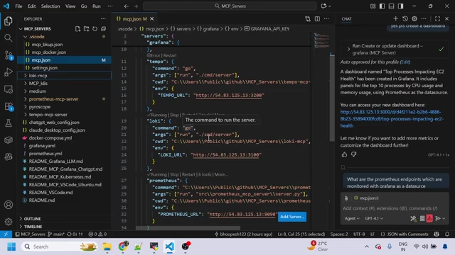 MCP JSON configuration for Loki and Prometheus servers.