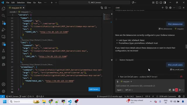 GitHub CoPilot chat history in VS Code, showing interactions with MCP servers.