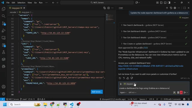 GitHub CoPilot command to create a logs dashboard in Grafana.