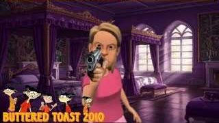 An animated character, representing Amelia Anderson, pointing a gun directly at the viewer.