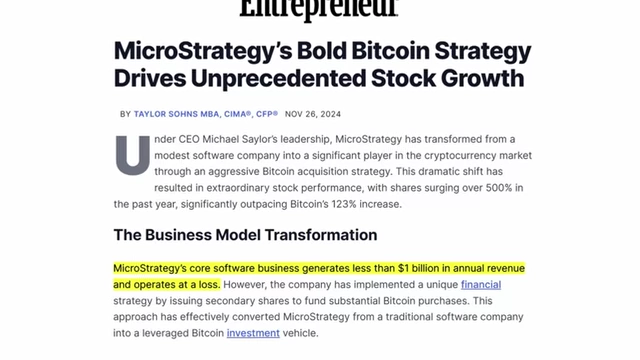 Article highlighting MicroStrategy's core software business operates at a loss despite its Bitcoin strategy