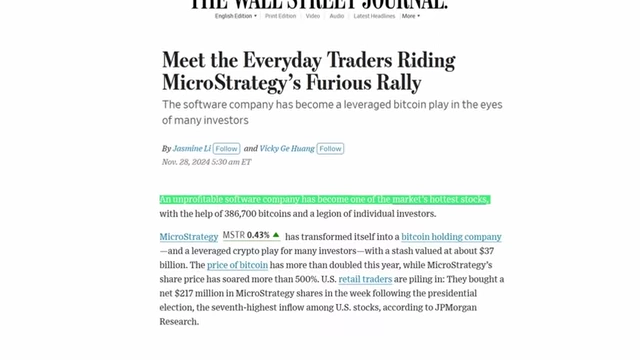 Wall Street Journal article describing MicroStrategy as an "unprofitable software company" turned Bitcoin play