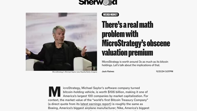 Article questioning MicroStrategy's valuation premium over its Bitcoin holdings