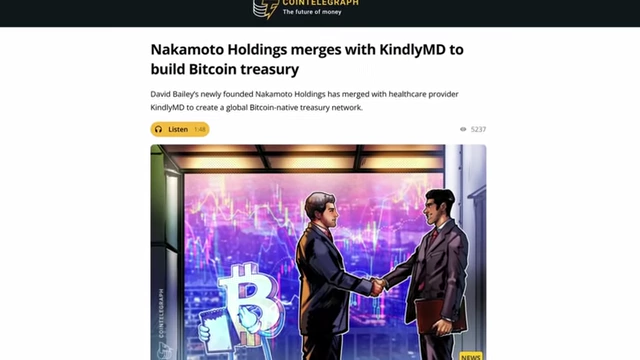 Cointelegraph report on Nakamoto Holdings' merger to form a Bitcoin treasury