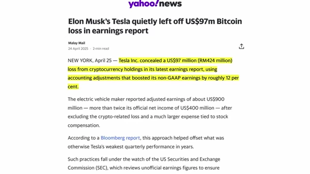 Yahoo News report on Tesla's exclusion of Bitcoin losses from earnings