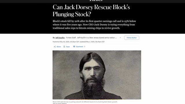 Forbes article discussing Block's stock performance and Jack Dorsey's strategy