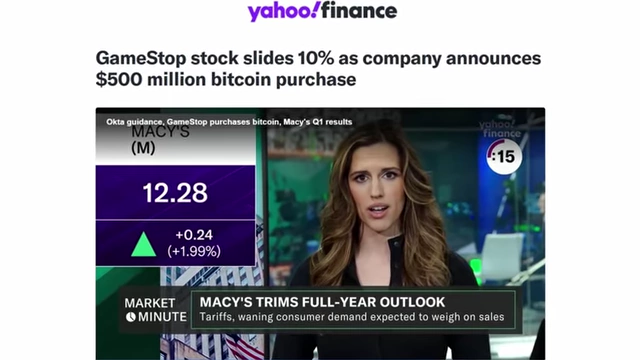 Yahoo Finance report on GameStop's stock drop after Bitcoin purchase