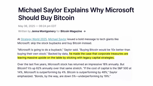 Article on Michael Saylor advocating for Microsoft to buy Bitcoin