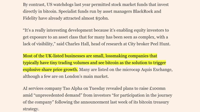 Article excerpt on UK small-cap firms using Bitcoin for share price growth